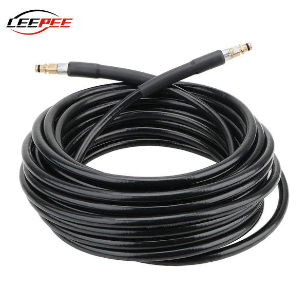 Black high-pressure washer hose coiled with a connector tip