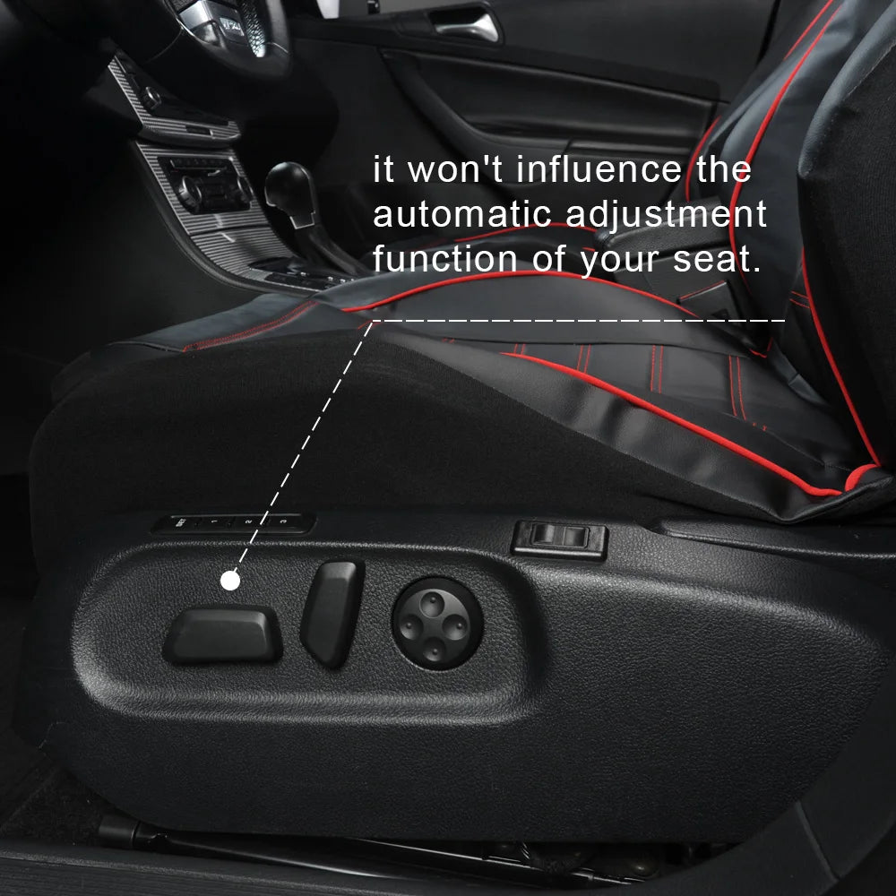 A close-up view of a black faux leather car seat cover, showing the adjustment mechanism for an automatic seat function.
