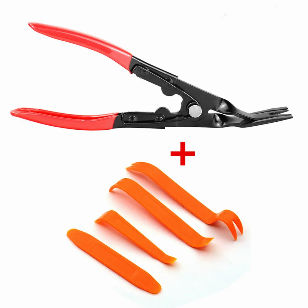 A pair of red and black car trim clip removal pliers with an orange plastic tool shown next to them.