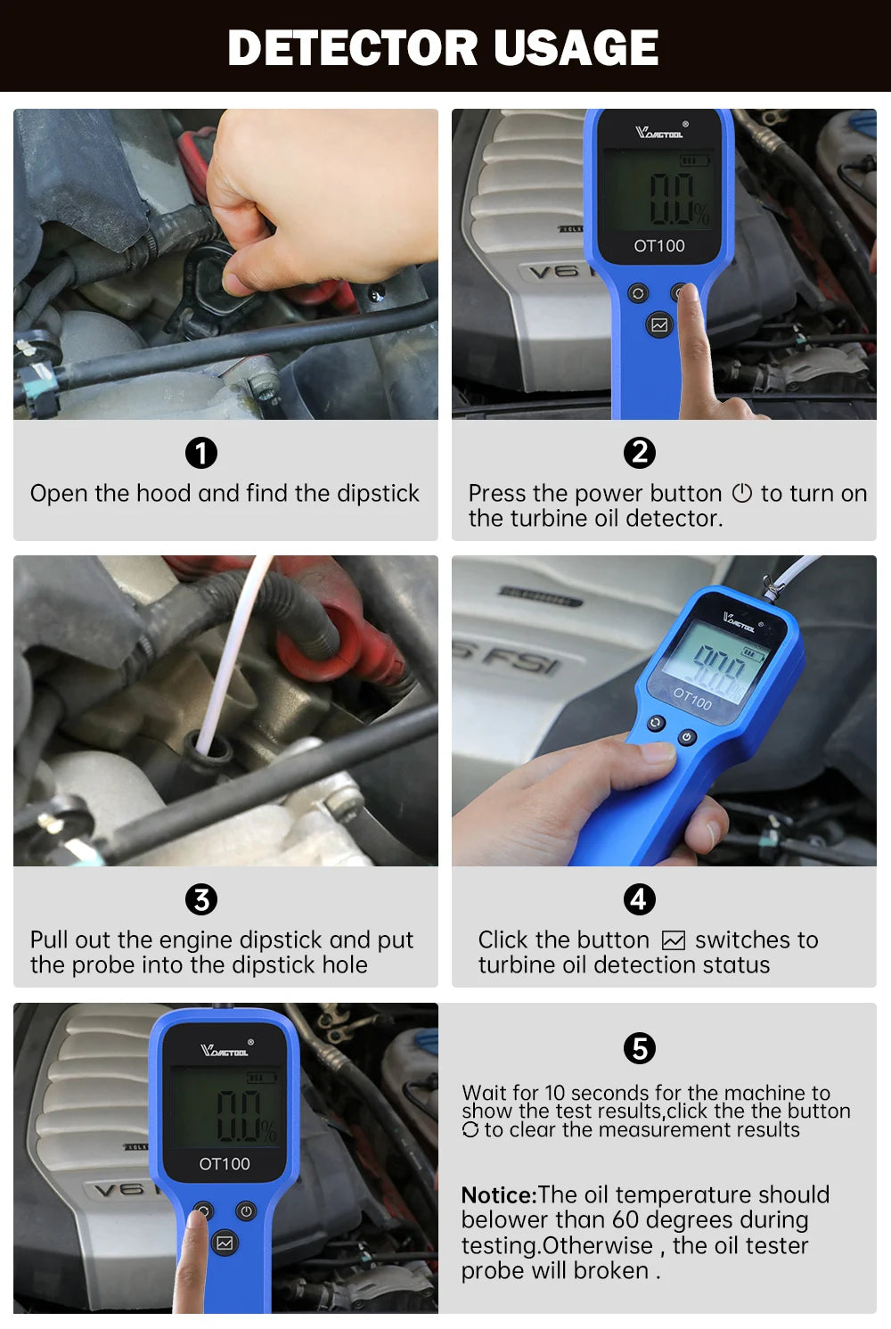 Guide showing the use of a digital engine and brake fluid tester for checking turbine oil detection.
