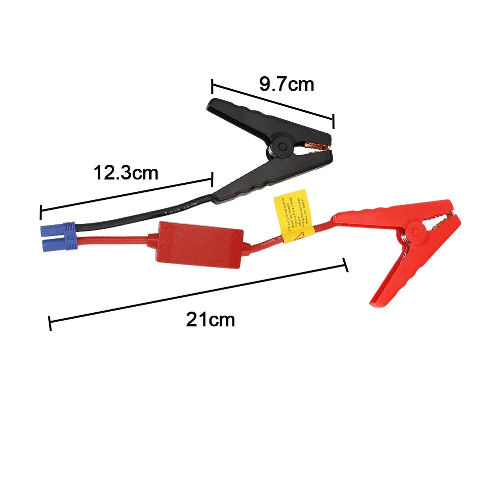 A jump starter cable with a black clamp, red connector, and orange clamp, shown with various dimensions.