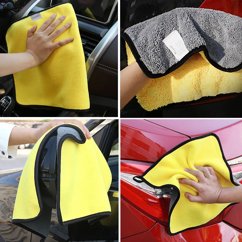 Yellow and gray microfiber car wash towels being used on a car interior and exterior.