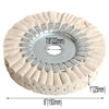 A precision cotton airway buffing wheel with a light beige fabric and metal teeth.