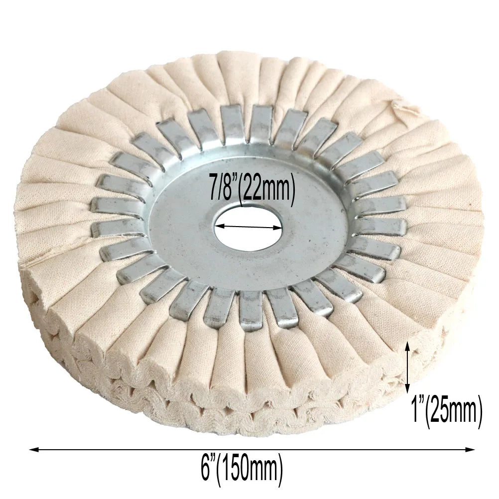 A precision cotton airway buffing wheel with a light beige fabric and metal teeth.