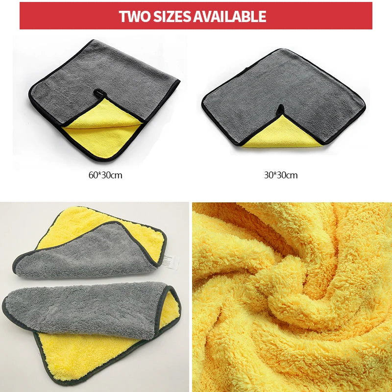 Two sizes of gray and yellow microfiber car wash towels shown in various angles