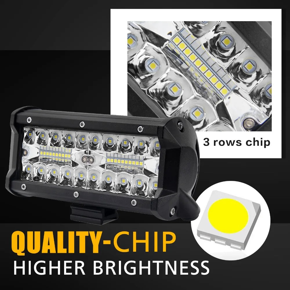 A black LED light bar with three rows of chips is shown next to a yellow chip for higher brightness.