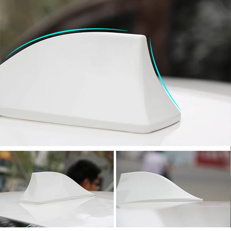 White universal car shark fin antenna cover shown in various angles