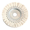 A precision cotton airway buffing wheel with a light beige fabric and metal teeth.