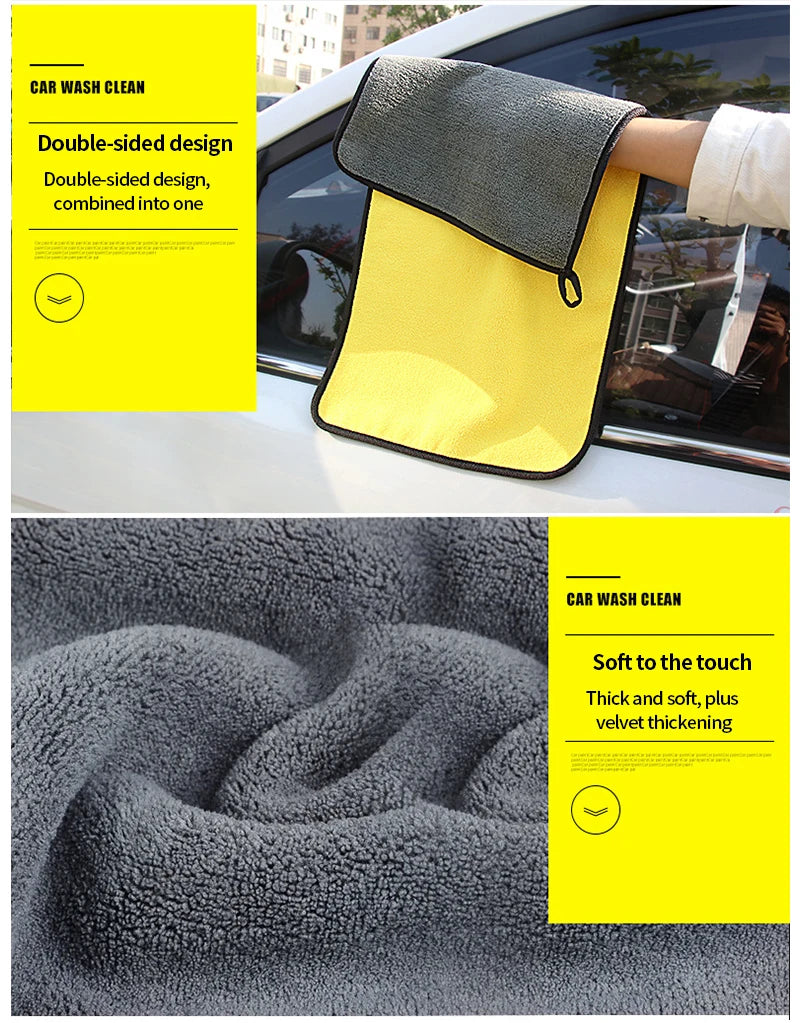 A yellow double-sided microfiber car wash towel is shown next to a black towel and a gray textured towel.