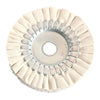 A precision cotton airway buffing wheel with a silver hub and surrounding fibers.