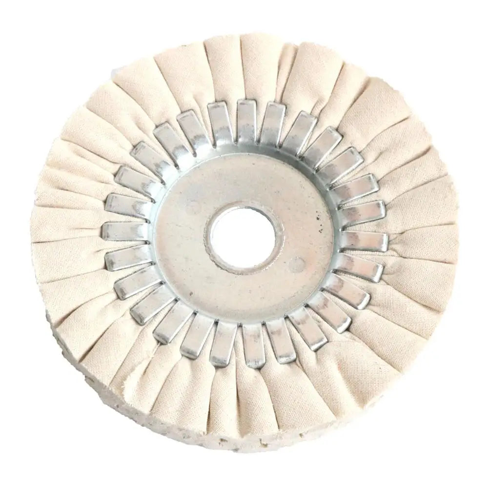 A precision cotton airway buffing wheel with a silver hub and surrounding fibers.