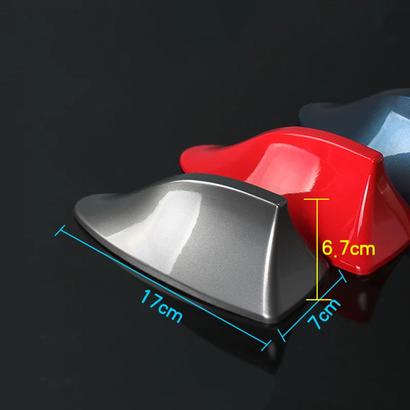 A red and silver universal car shark fin antenna cover shown with dimensions.