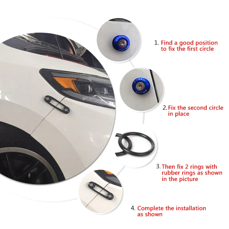 Instructions montrant comment installer les fixations rapides universelles sur un pare-chocs ou un capot automobile.