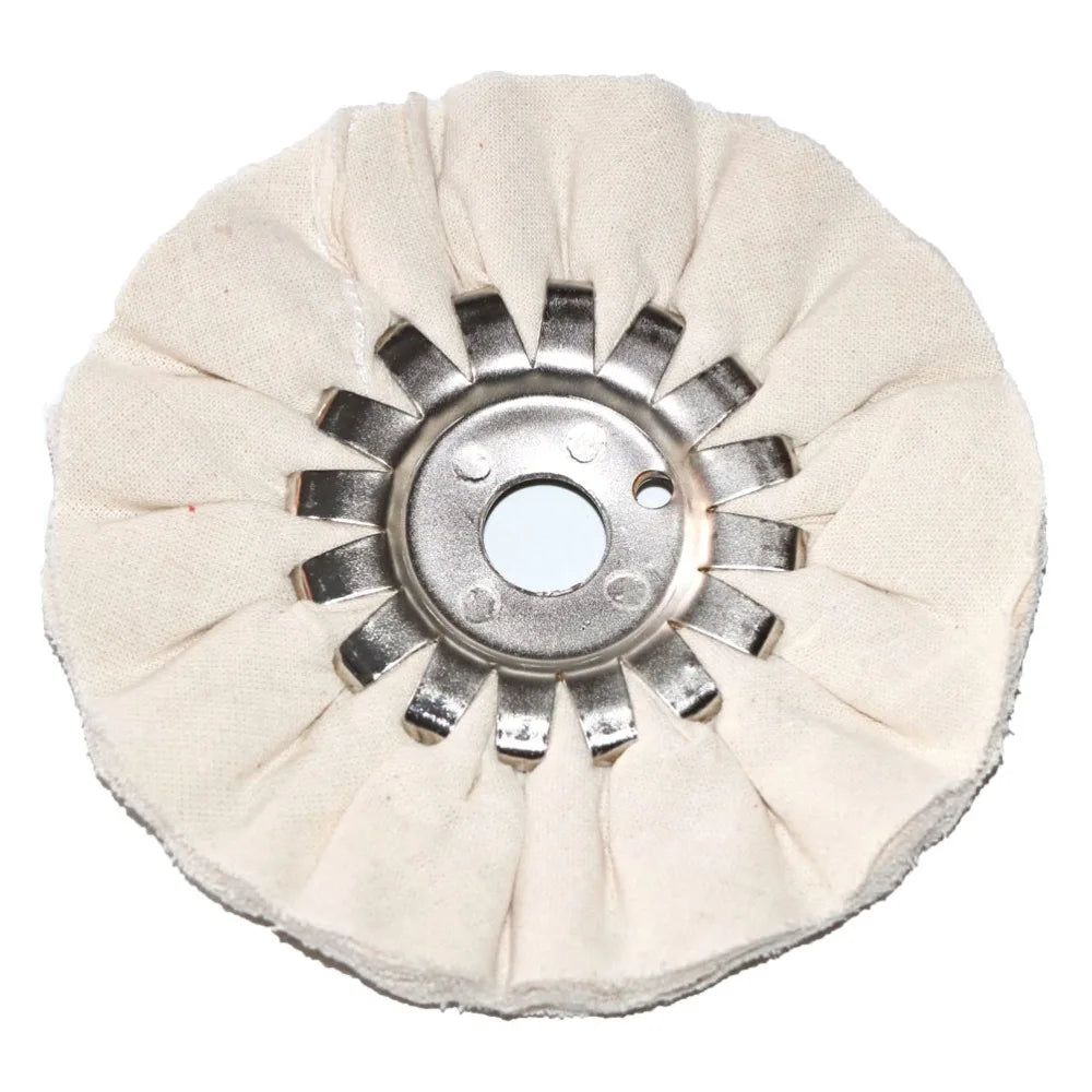 Rundes Schleif- oder Polierrad mit beige Schaumstoff-Pads und metallischen Zähnen.