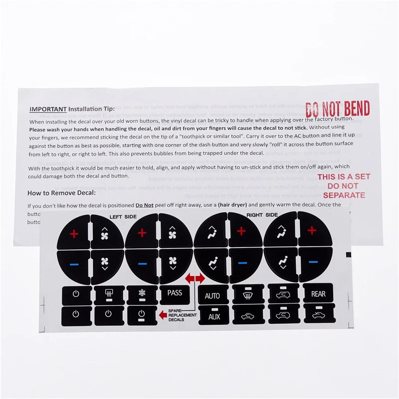 Conseils d'installation et instructions d'utilisation pour les autocollants de réparation des boutons de climatisation.