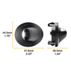 A round black LED license plate light with mounting brackets and dimensions shown.
