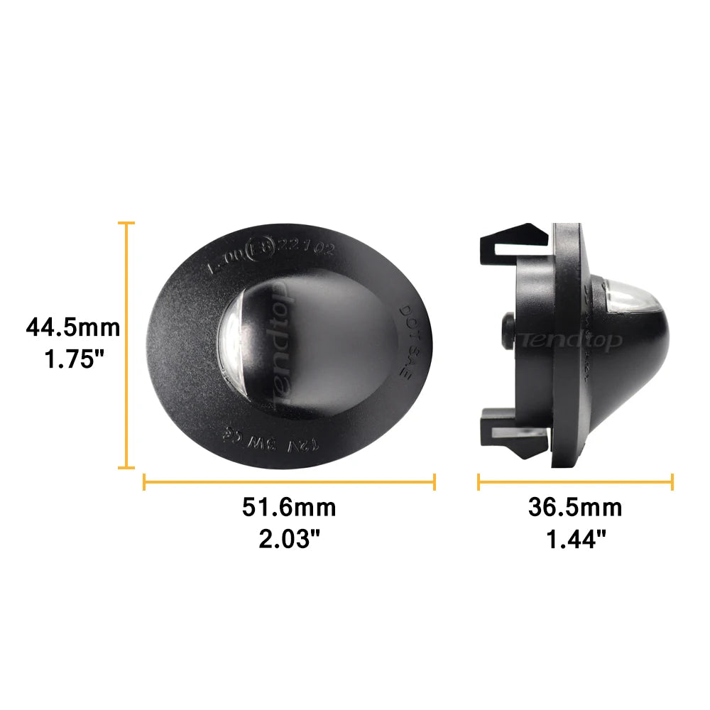 A round black LED license plate light with mounting brackets and dimensions shown.