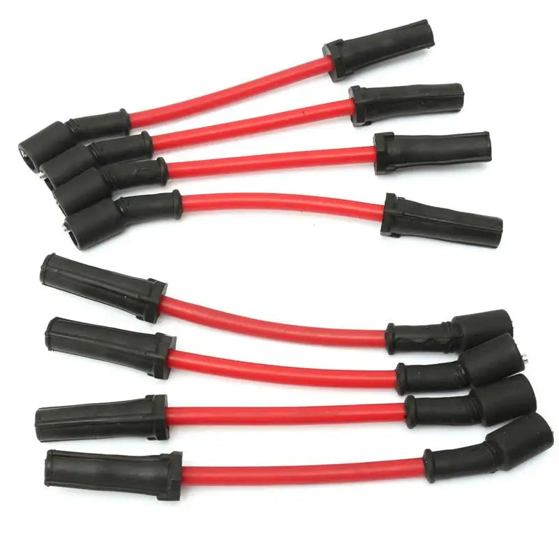 A set of red and black spark plug wires for Chevy and GMC V8 engines.