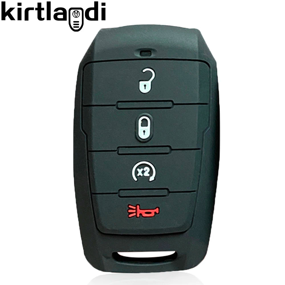 A black silicone key fob cover for a Dodge Ram 1500/2500/TRX vehicle, showing various button layouts.
