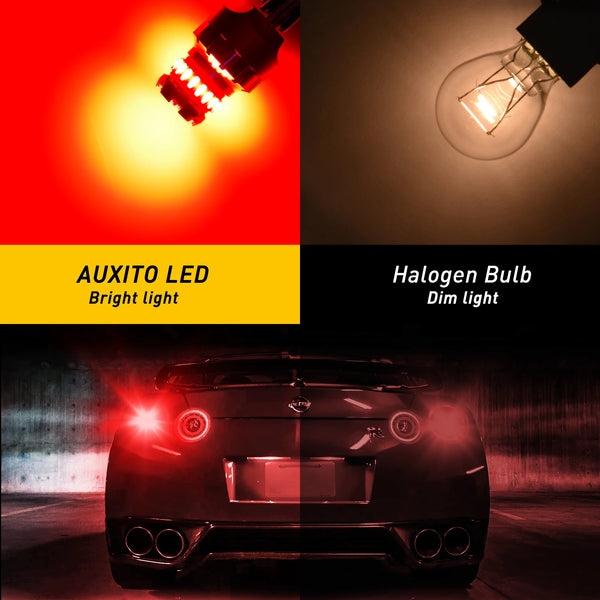 A comparison showing an Auxito LED bright light and a Halogen bulb dim light, with a car's front view in the foreground.
