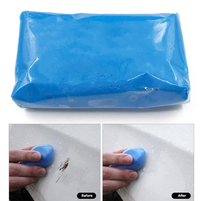 Blue magic clay bar for auto detailing showing before and after results on a white surface