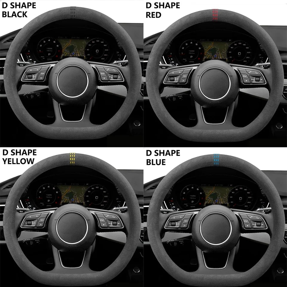 Four steering wheel covers in black, red, yellow, and blue D shape for VW Golf, Passat, and Polo.