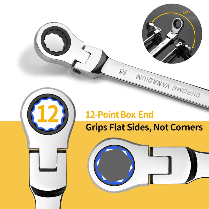 A chrome flexible pivoting head ratchet wrench with a 12-point box end grips flat sides.