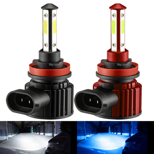 Two super bright LED headlight bulbs with 360 degree beams shown in different angles and usage context.