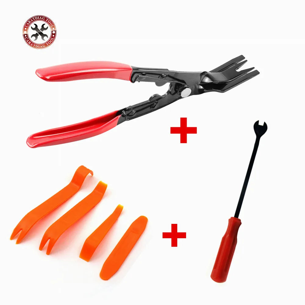 A set of car trim clip removal pliers and orange plastic clips.