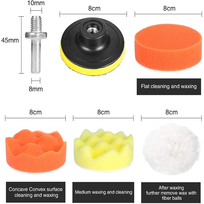 A kit of orange and yellow foam sponges for flat cleaning, medium waxing, and further wax removal.