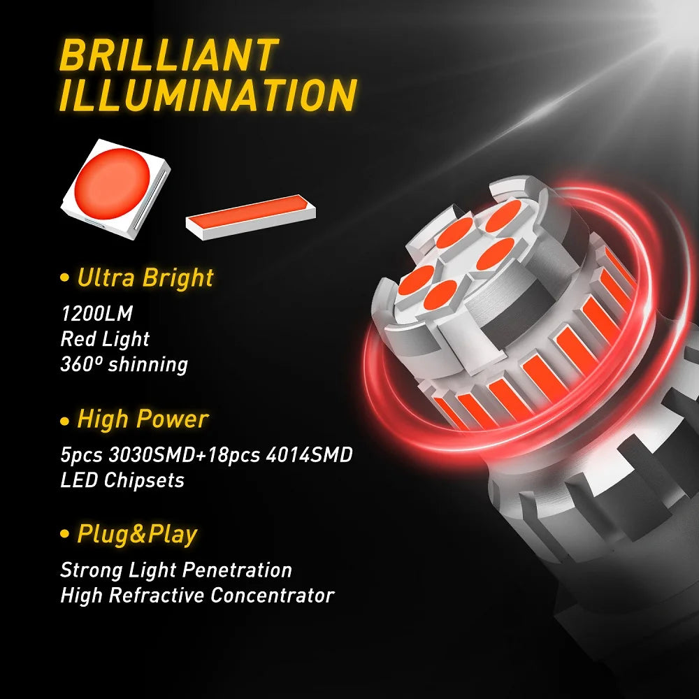 A close-up view of a powerful LED brake strobe light assembly with multiple red lights and a reflective lens.
