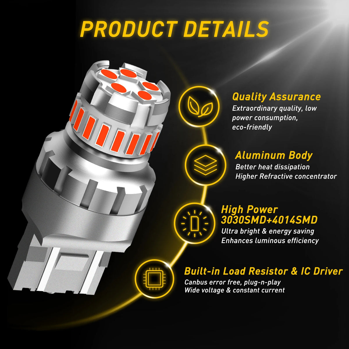 A silver universal LED brake light bulb with an aluminum body and features for high power and efficient light output.