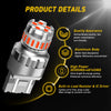 A silver LED brake light bulb with an aluminum body and a threaded connector, shown with product details text.