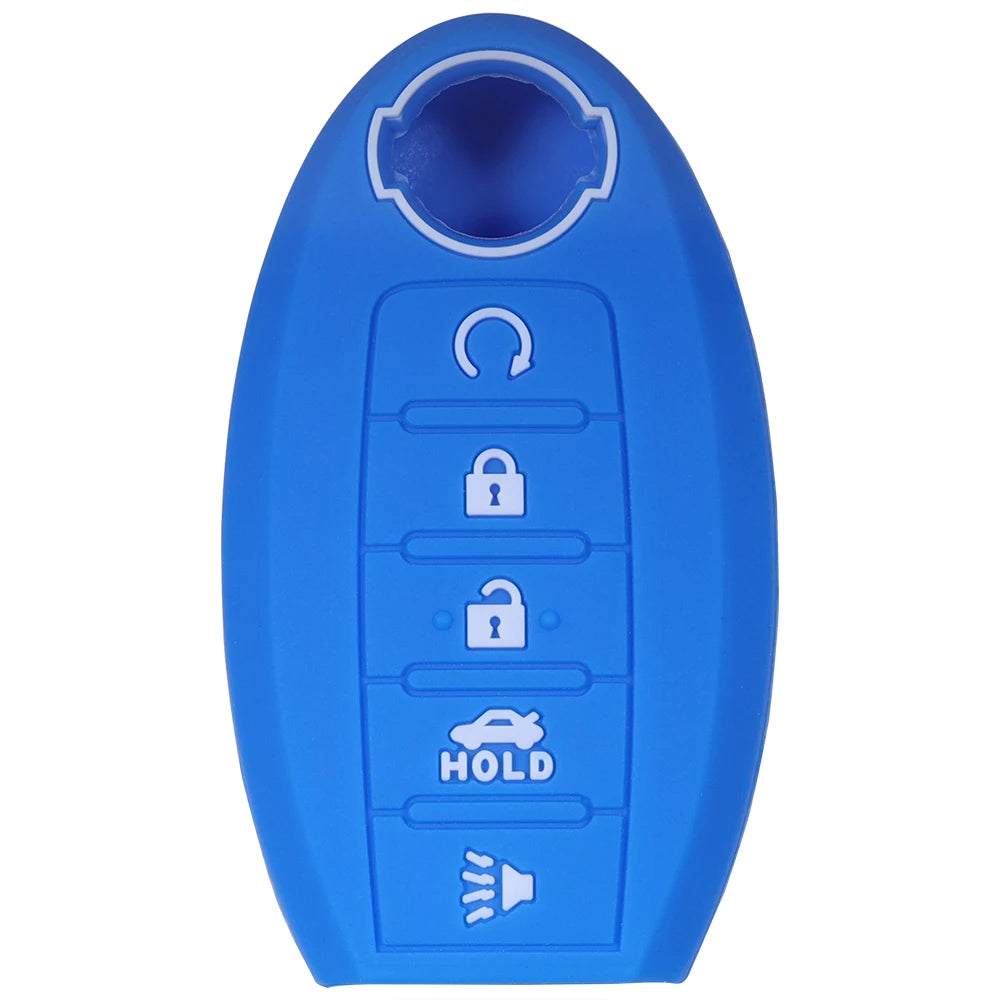 Blue silicone cover for a universal car key fob featuring icons for unlock, lock, and hold.