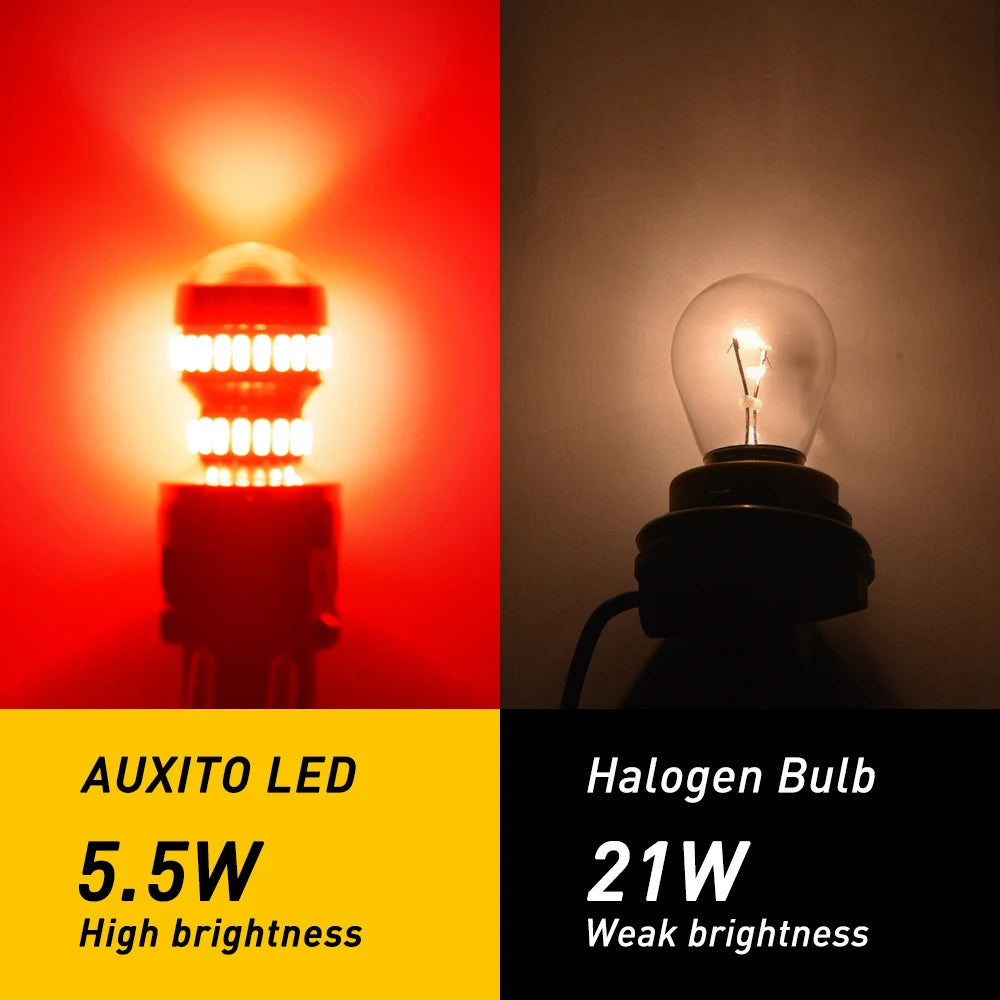 A comparison showing a bright red LED bulb and a dim halogen bulb.