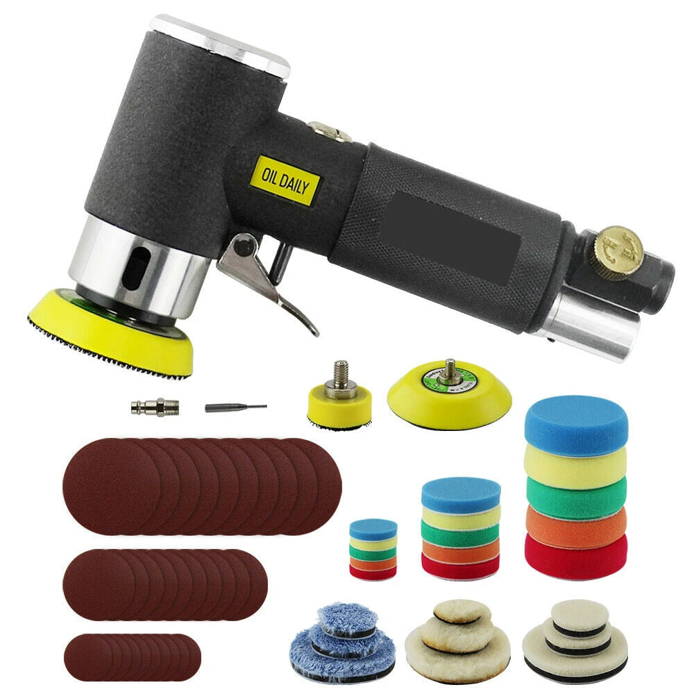 A kit of mini air orbital sander and polisher tools with various sanding pads and discs.
