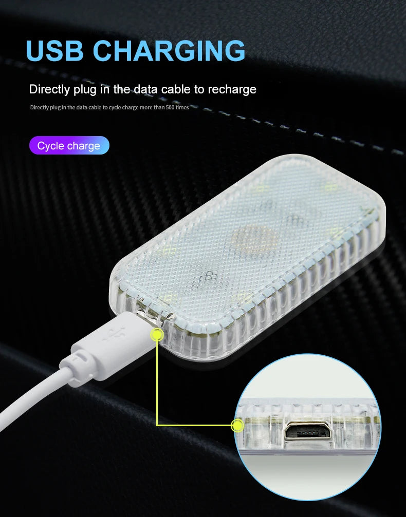 A white USB charging cable plugs into a rectangular LED light module for direct recharging.