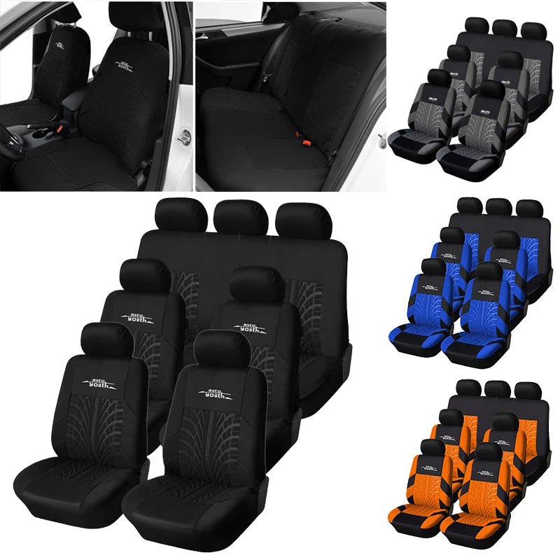 A set of black and blue universal car seat covers for a vehicle interior.