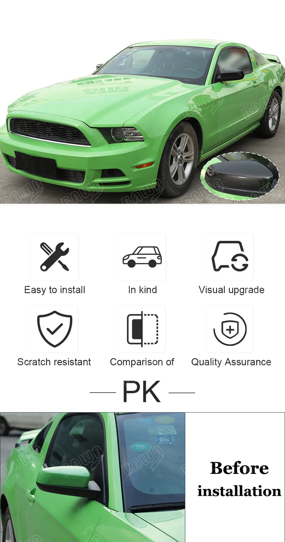 Green Ford Mustang rearview mirror cover set for 2009-2013 models with various installation and quality assurance icons.
