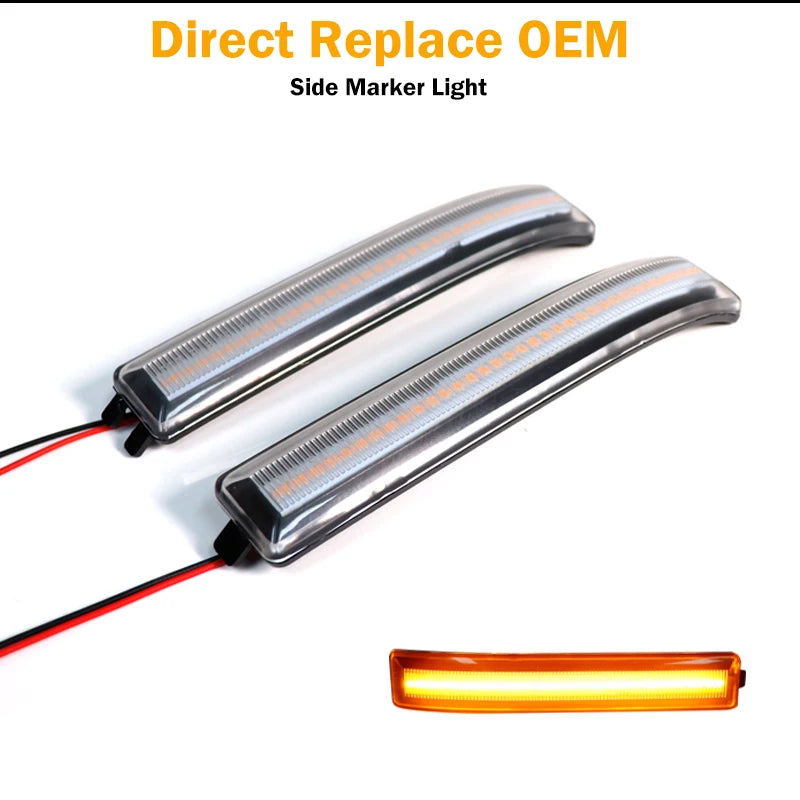 Direct replace OEM side marker light assembly with an amber LED bulb and wiring harness
