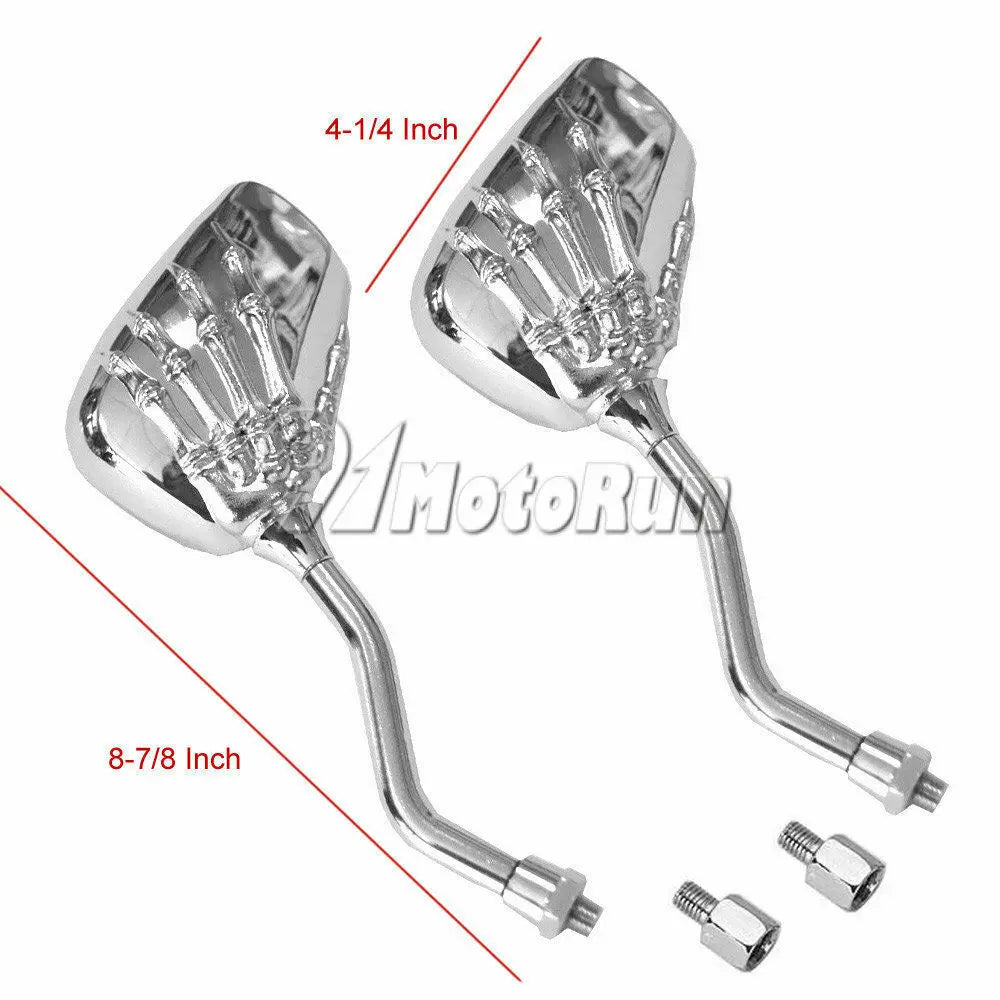 A pair of chrome motorcycle side mirrors with 4-1/4 inch and 8-7/8 inch arms.