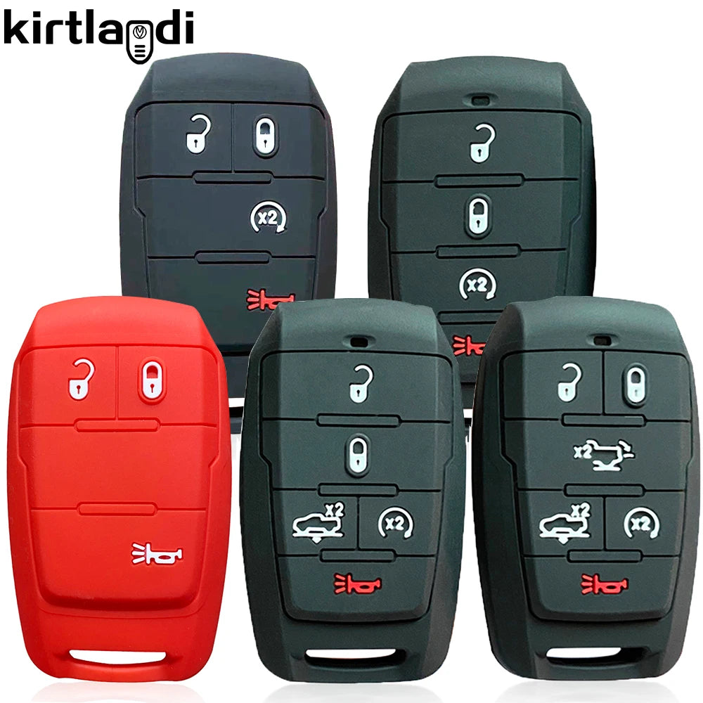 A set of black and red silicone key fob covers for Dodge Ram trucks, showing various styles and designs.