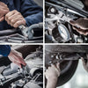 Close-up shots of a flexible pivoting head ratchet wrench being used on an automotive engine component.