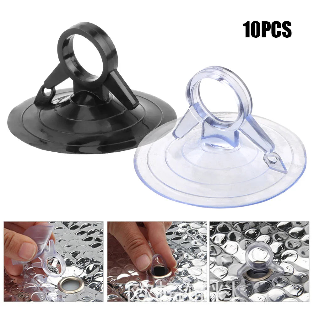 Ten heavy-duty suction cups in black and clear plastic for gripping smooth surfaces