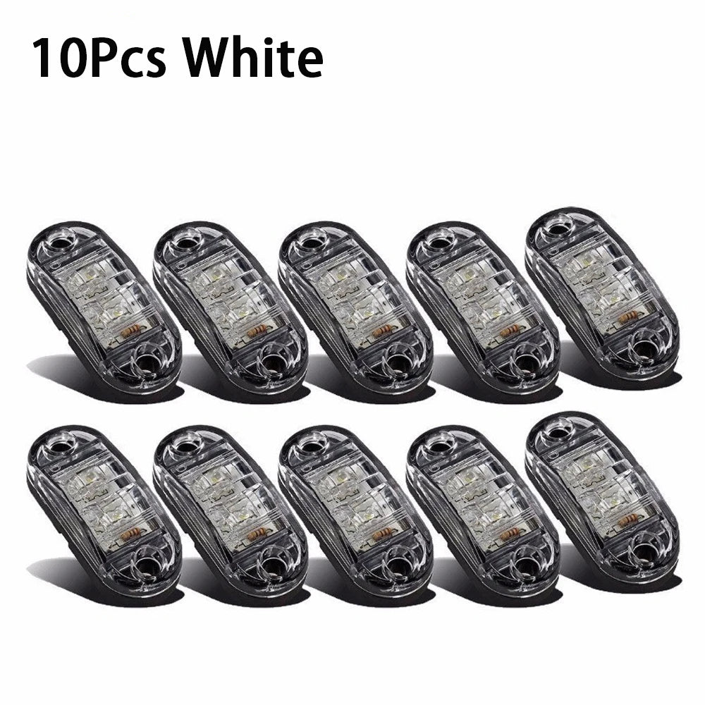 Ten white universal LED warning lights for trucks and trailers shown in a row.