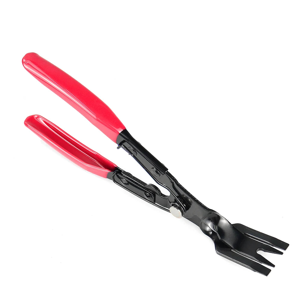 A pair of red and black car trim clip removal pliers.