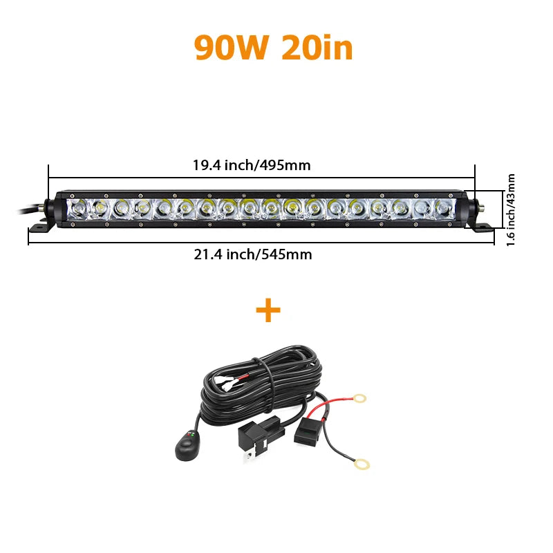 A long, high-powered LED light bar with multiple yellow lights and a black cable is shown.