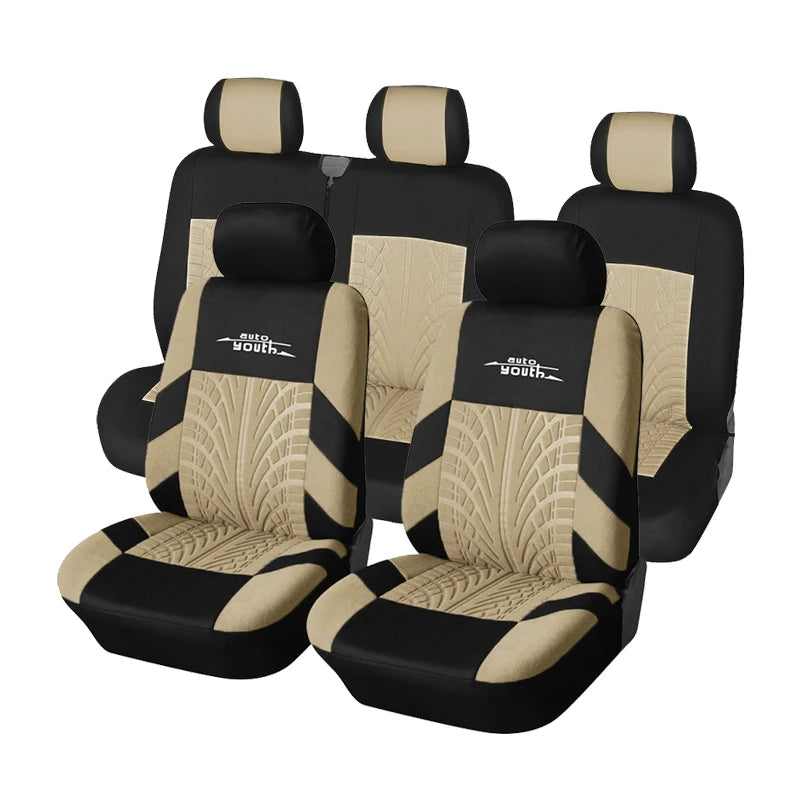 Three black and beige universal car seat covers for double front and 2+1 seating arrangements
