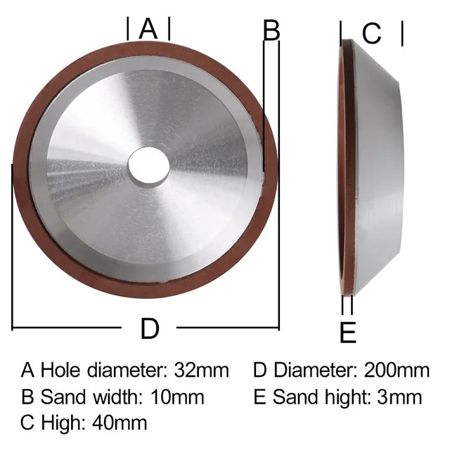 Querschnittdiagramm einer Präzisionsdiamant-Schleiftasse mit Abmessungen für Hartmetallwerkzeuge.