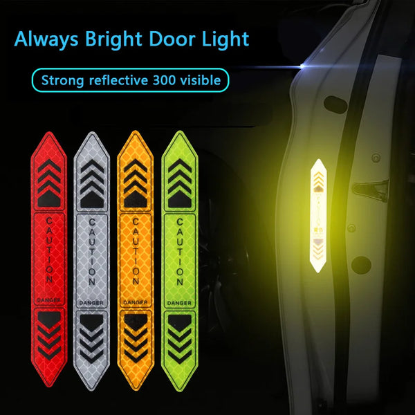 A close-up of bright door light safety stickers with caution and danger symbols on a car door panel.